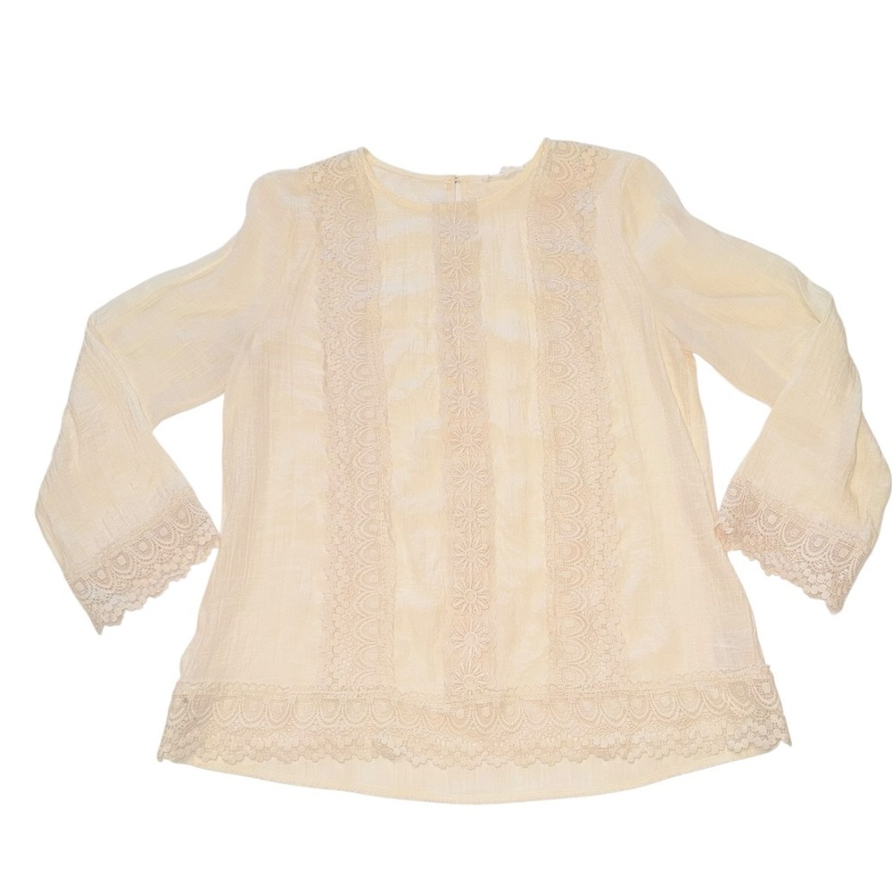 FSL + Apparel Ivory Lace Trim Boho Blouse Sz L Cottagecore Romantic Rayon Top - Picture 2 of 11
